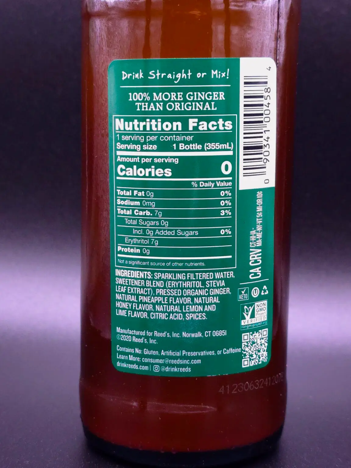 Reed's Zero Sugar Extra Ginger Beer nutrition facts